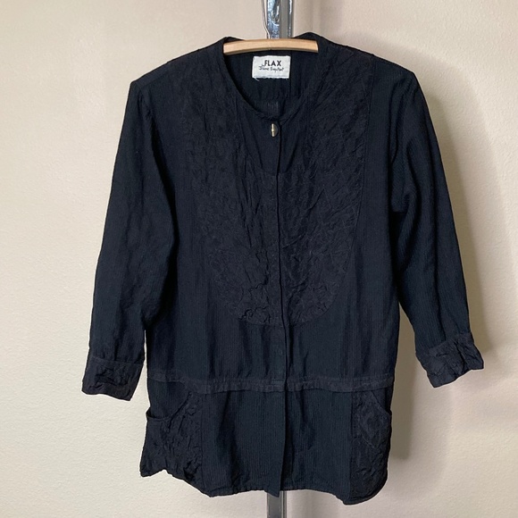 Flax Linen Snap Front Shirt Jacket With Pockets Black Small Lagenlook - Picture 1 of 10